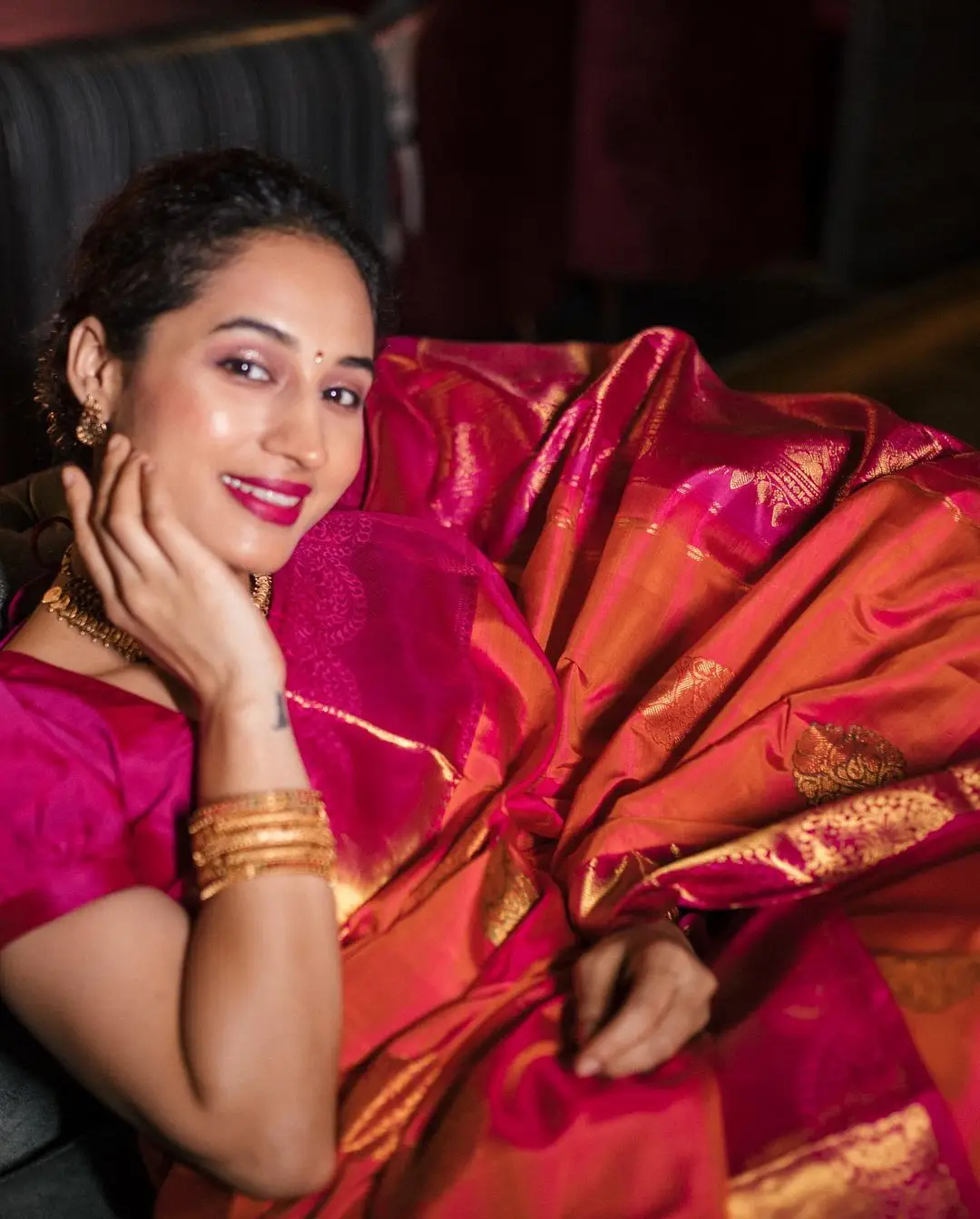 Pooja Ramachandran Stills in Red Saree Blouse